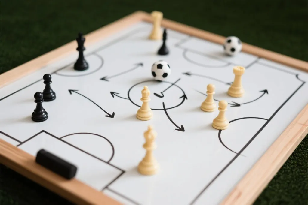 战术板上摆放着足球棋子，手绘的战术路线图和箭头，充满策略感